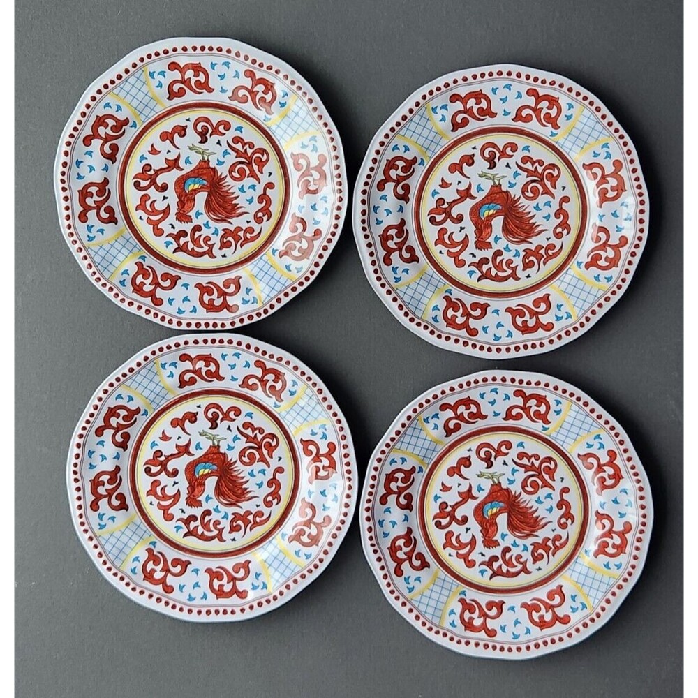 SET OF 4 - Sur La Table 9" Plates Red Rooster Melamine Salad Appetizer